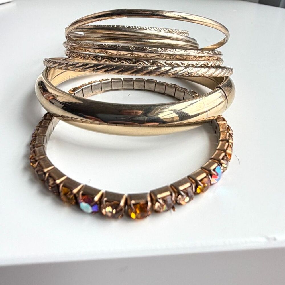 Gold Tone Bangle Bracelet Set Stack Rhinestone St… - image 2